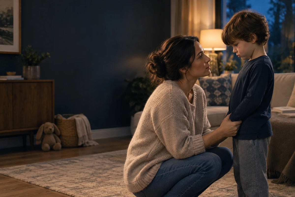 A parent calmly connecting with a child while holding a loving boundary