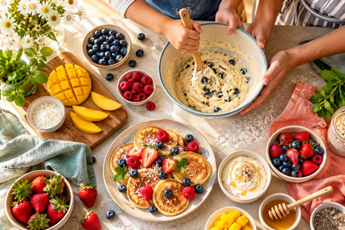 A parent and child preparing colorful fruit pancakes together